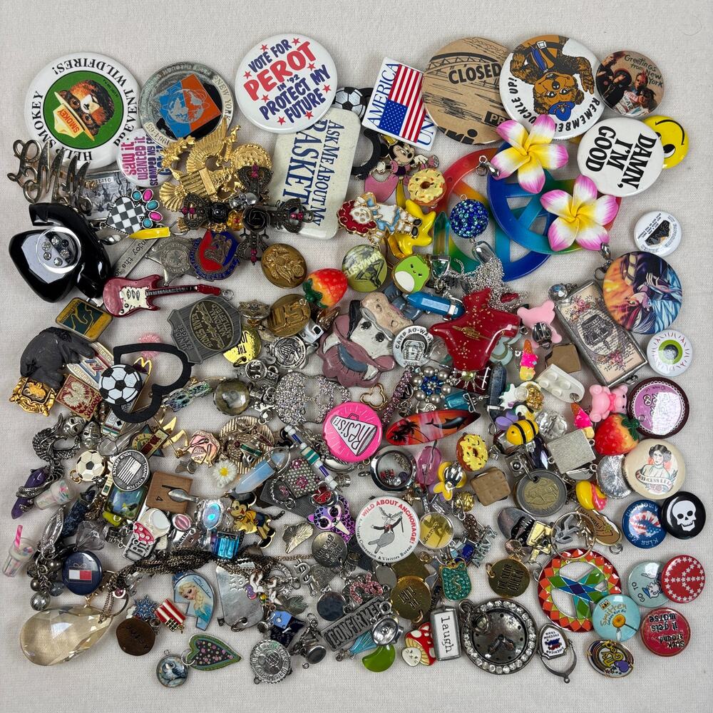 Novelty Craft Jewelry Lot - Pendants Charms Pins Buttons Flair Variety
